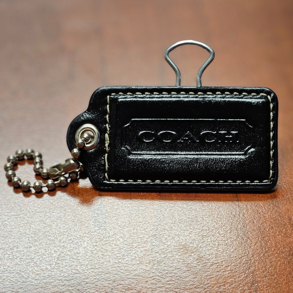 Authentic Coach Leather Hang Tag Black With Silver Chain